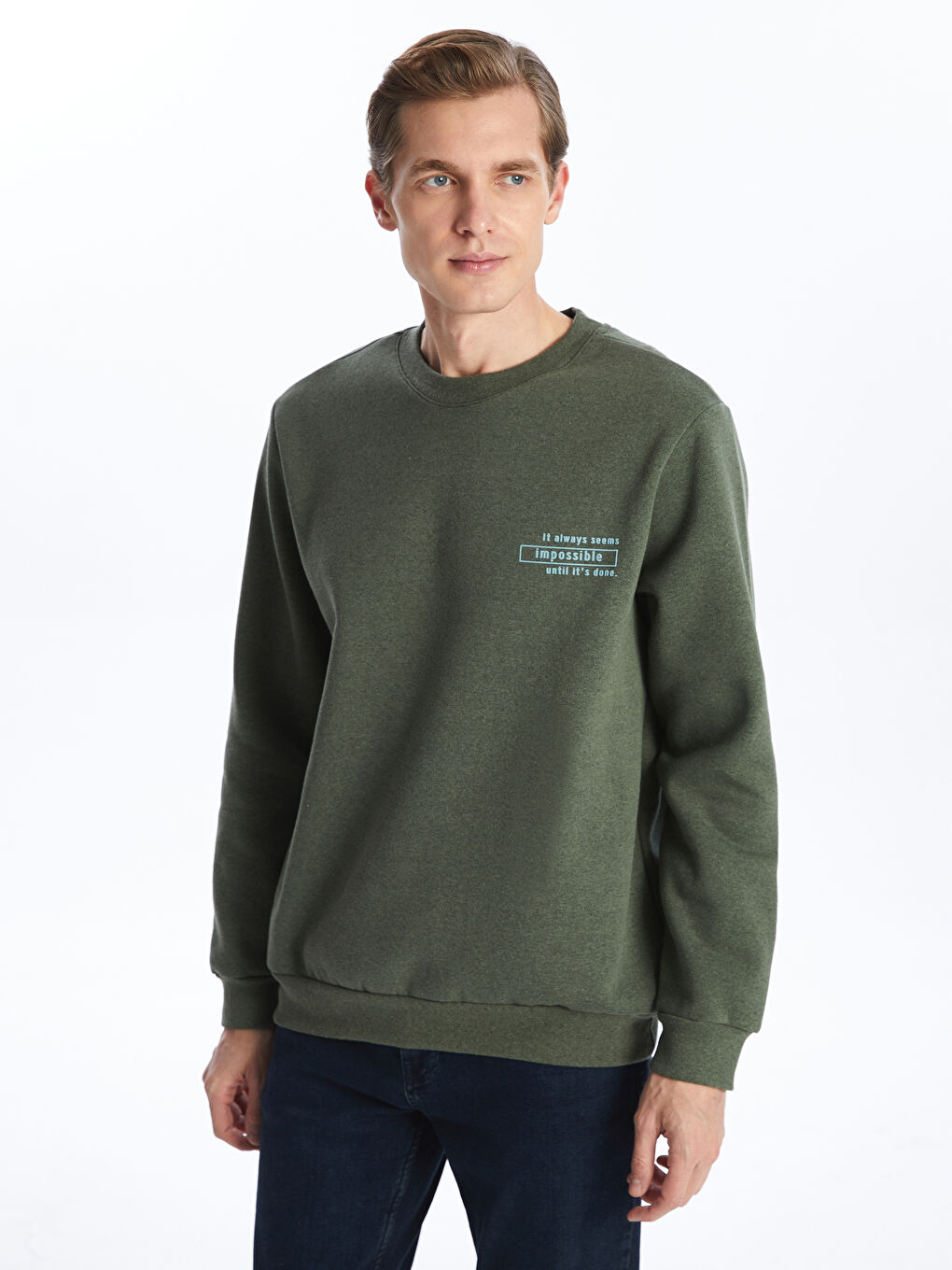 Yeşil Bisiklet Yaka Uzun Kollu Baskılı Erkek Sweatshirt