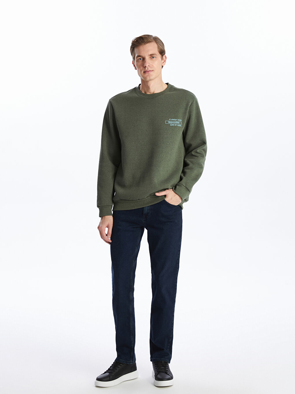 Yeşil Bisiklet Yaka Uzun Kollu Baskılı Erkek Sweatshirt-1