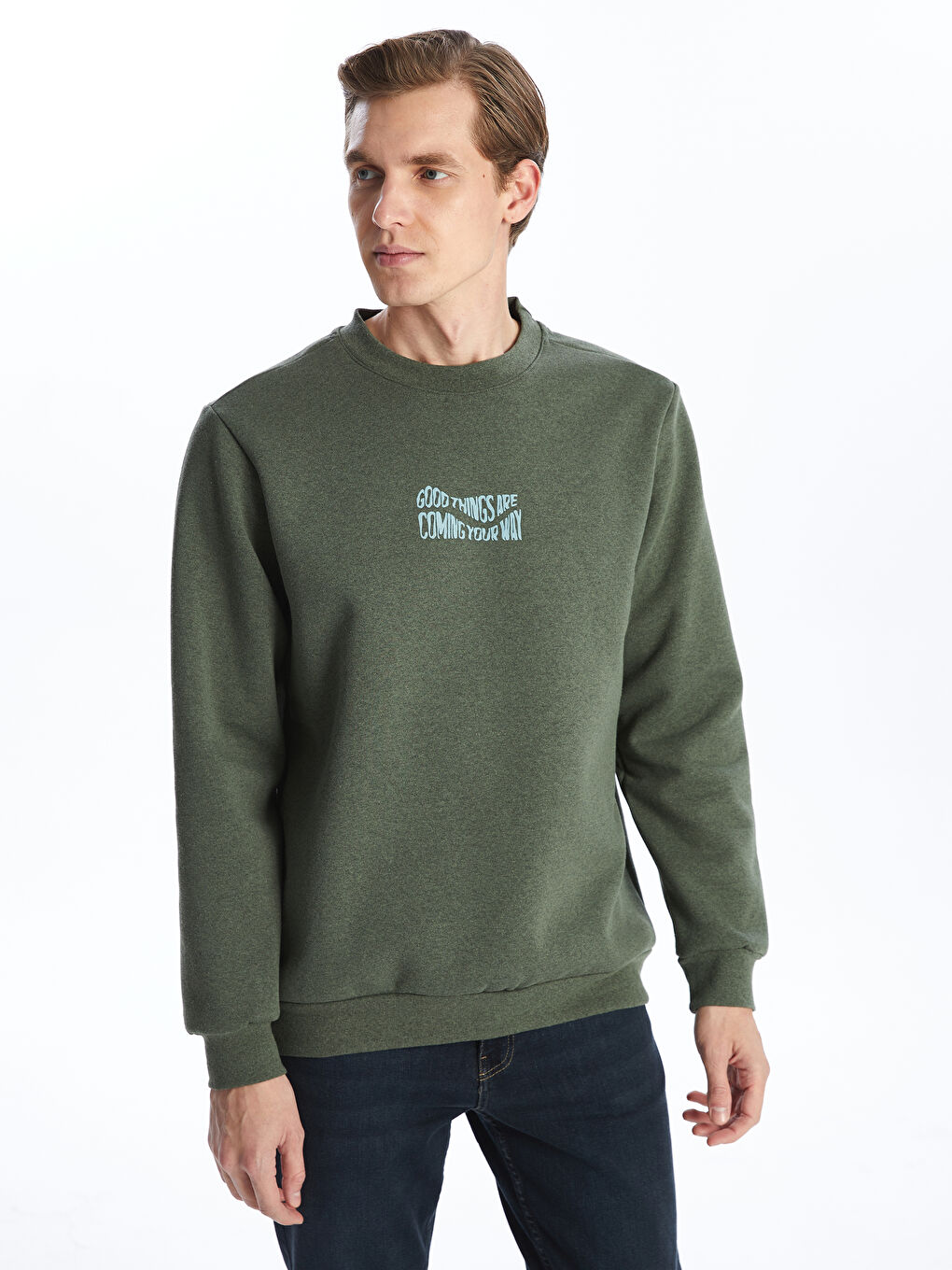 Yeşil Bisiklet Yaka Uzun Kollu Baskılı Erkek Sweatshirt