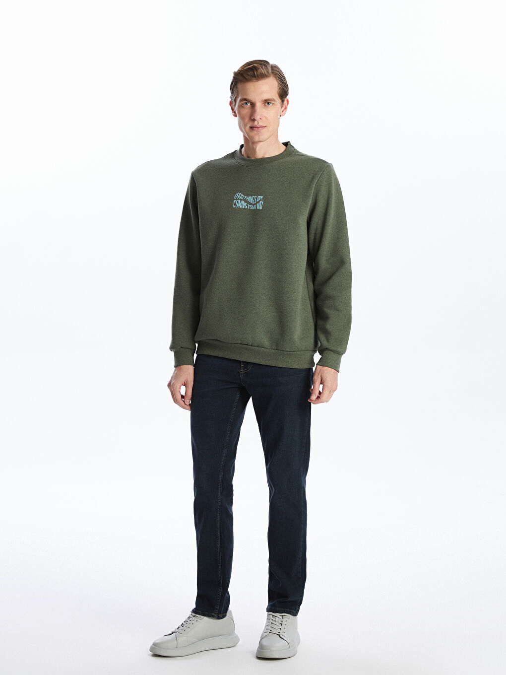 Yeşil Bisiklet Yaka Uzun Kollu Baskılı Erkek Sweatshirt-1