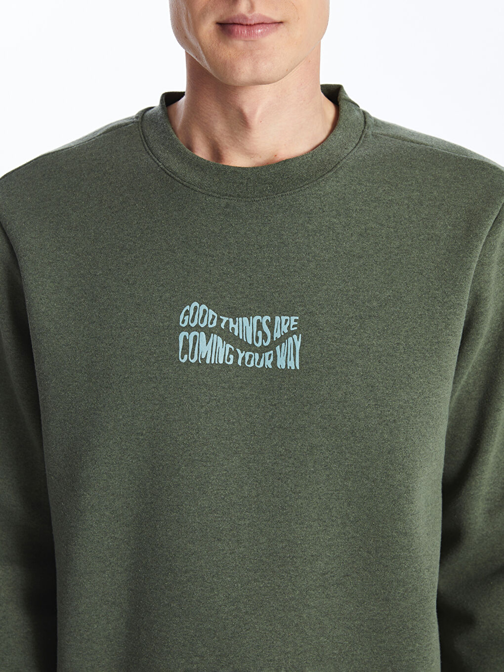 Yeşil Bisiklet Yaka Uzun Kollu Baskılı Erkek Sweatshirt-2