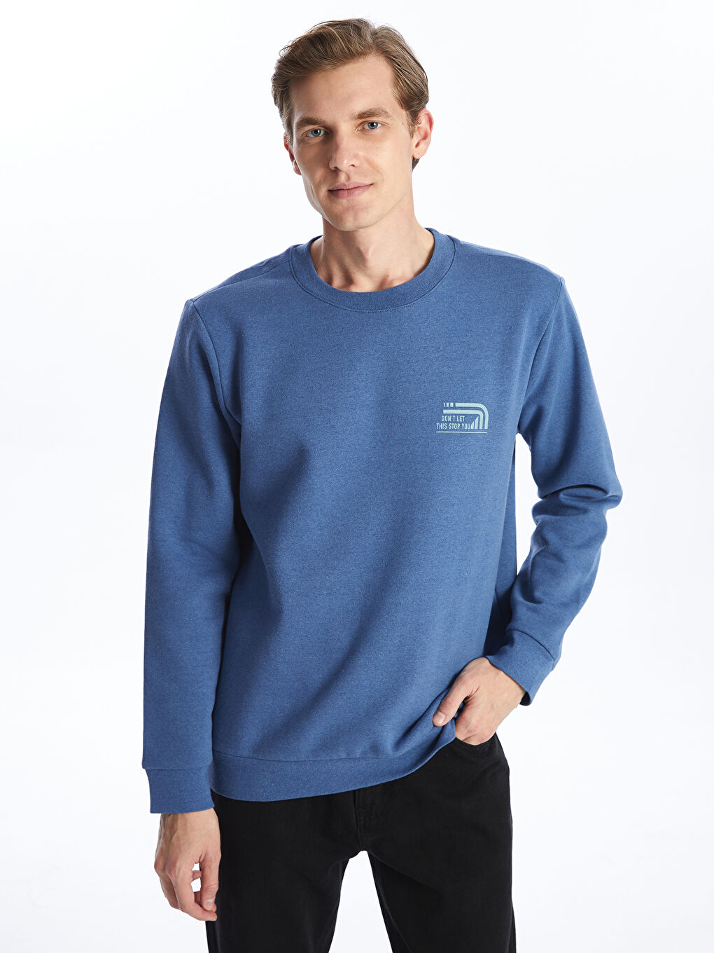 LCW ECO Mavi Bisiklet Yaka Uzun Kollu Baskılı Erkek Kalın Sweatshirt