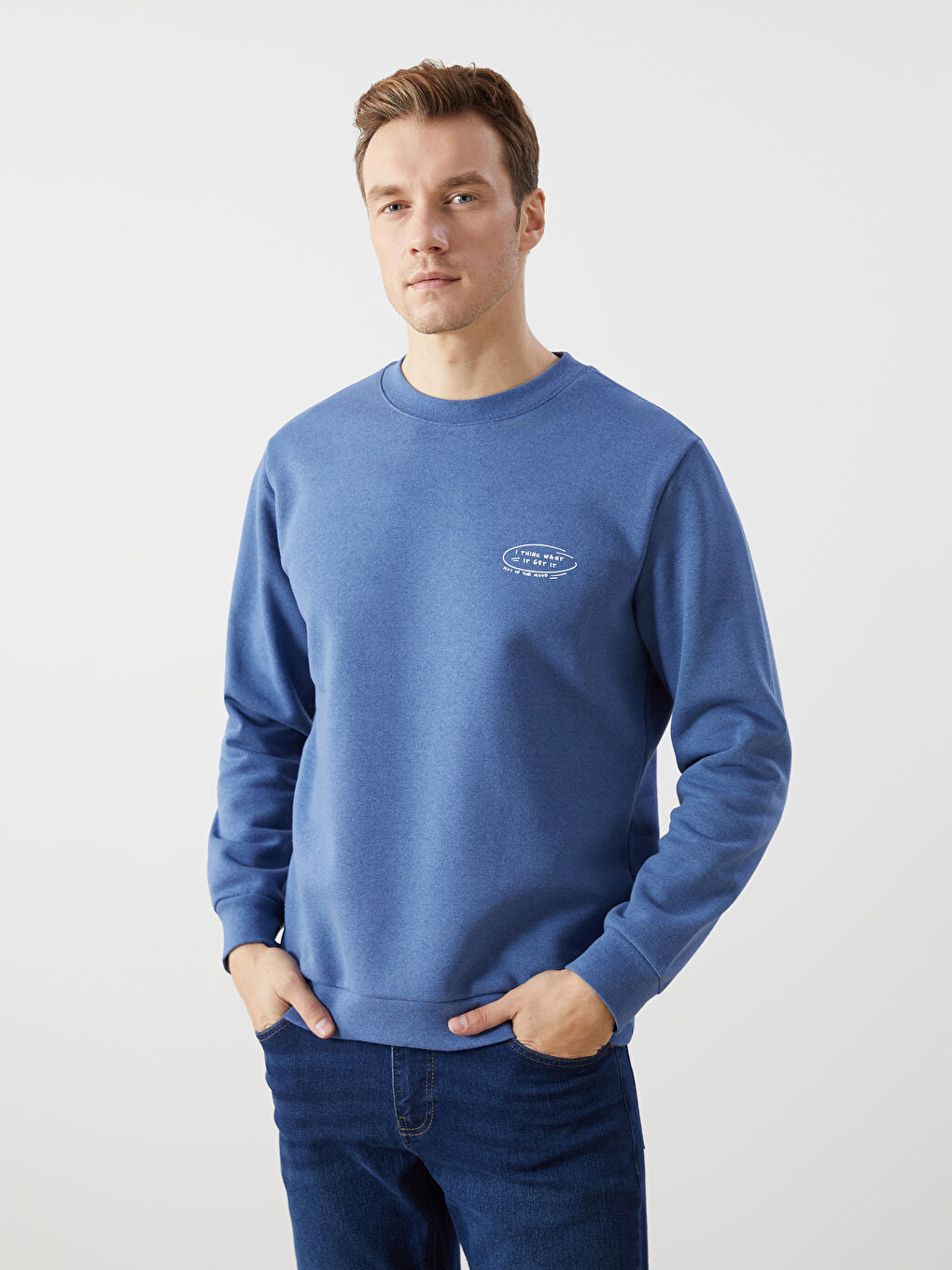 LCW ECO Mavi Bisiklet Yaka Uzun Kollu Baskılı Erkek Kalın Sweatshirt