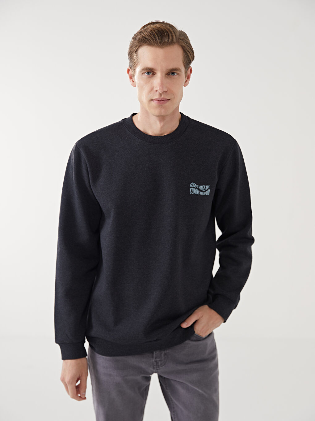 LCW ECO Antrasit Bisiklet Yaka Uzun Kollu Baskılı Erkek Kalın Sweatshirt