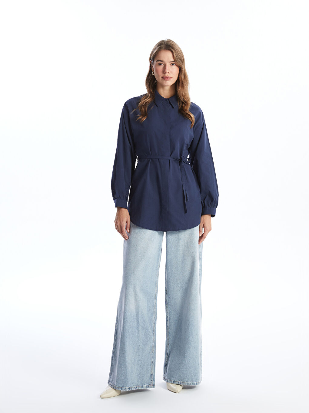 LCW Modest Lacivert Düz Oversize Poplin Kadın Gömlek Tunik - 1