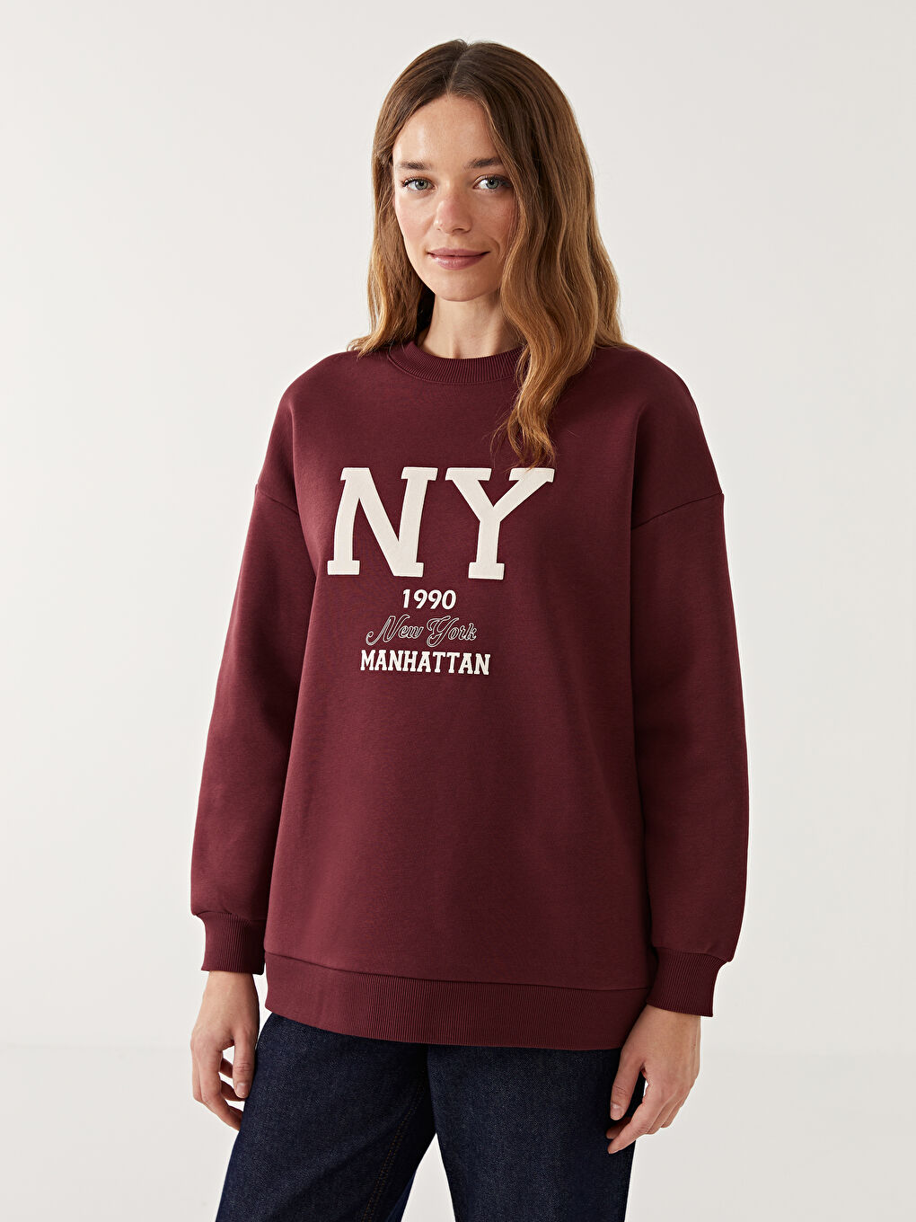 LCW Modest Bordo Bisiklet Yaka Baskılı Kadın Sweatshirt Tunik