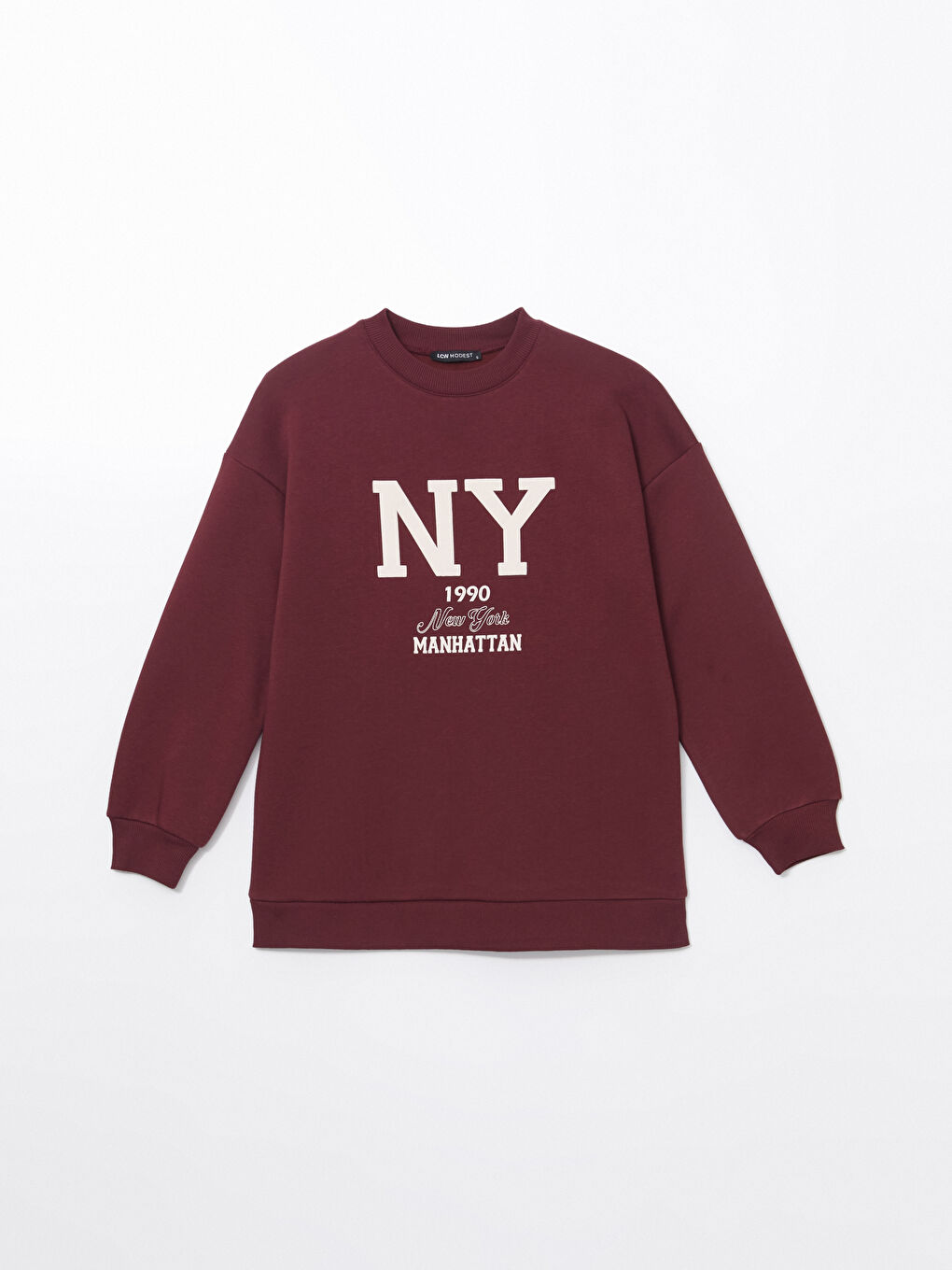 LCW Modest Bordo Bisiklet Yaka Baskılı Kadın Sweatshirt Tunik