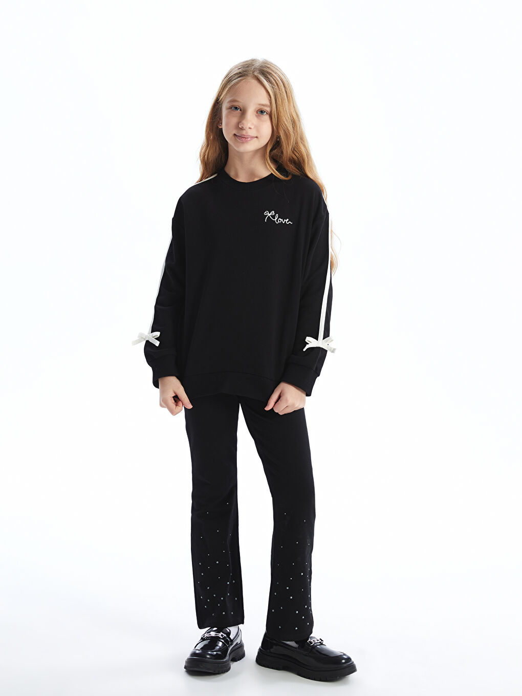 LCW Kids Siyah Bisiklet Yaka Fiyonk Detaylı Kız Çocuk Sweatshirt - 1