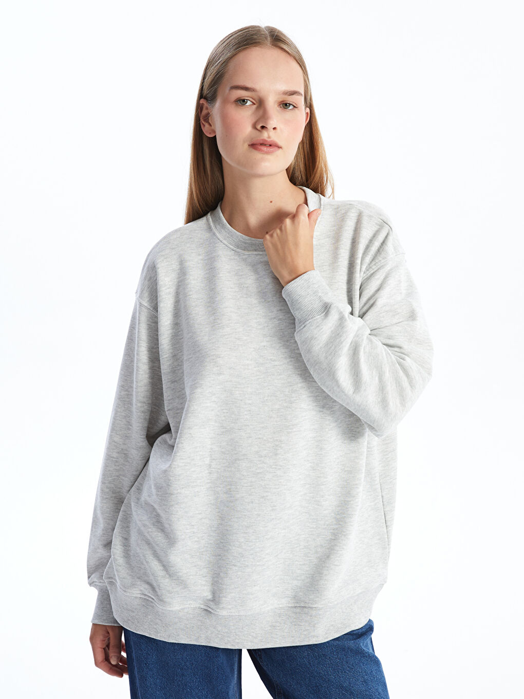 LCW Modest Grey Mel - Lacivert Bisiklet Yaka Oversize Kadın Kalın Sweatshirt