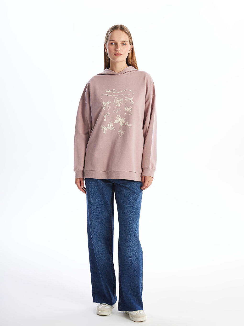 LCW Modest Açık Gülkurusu Kapüşonlu Baskılı Oversize Kadın Sweatshirt Tunik - 1