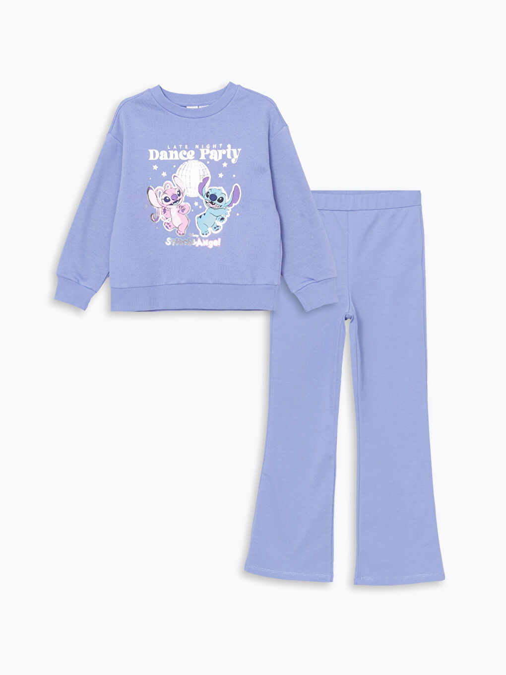 LCW Kids Lila Bisiklet Yaka Lilo ve Stitch Baskılı Kız Çocuk Sweatshirt ve Tayt