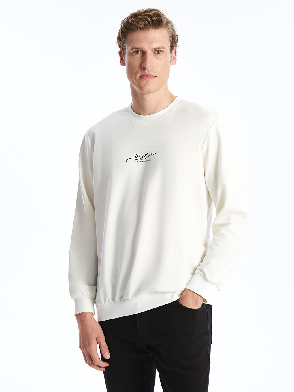 LCW ECO Ekru Bisiklet Yaka Uzun Kollu Erkek Sweatshirt