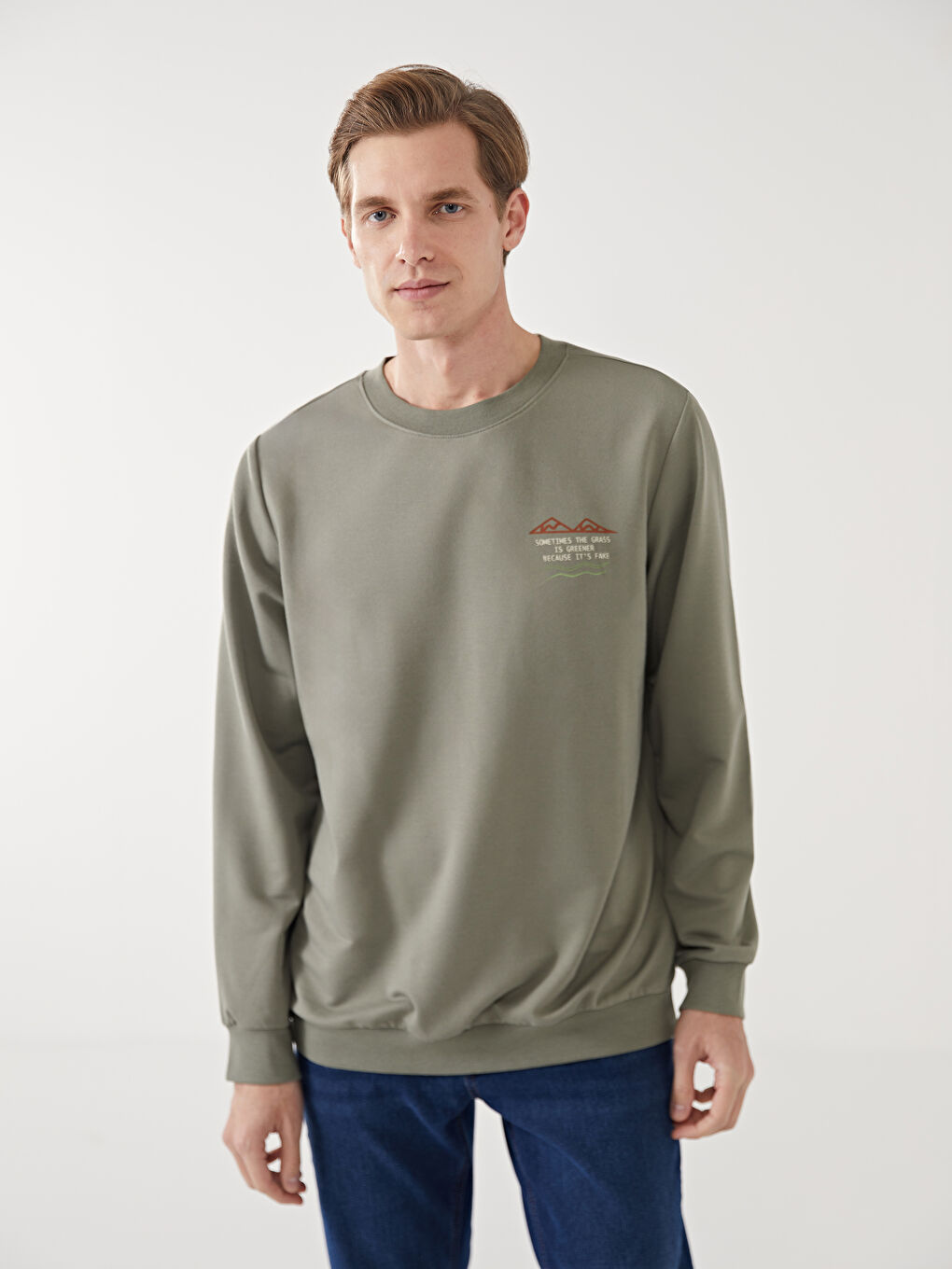 Haki Bisiklet Yaka Uzun Kollu Erkek Sweatshirt