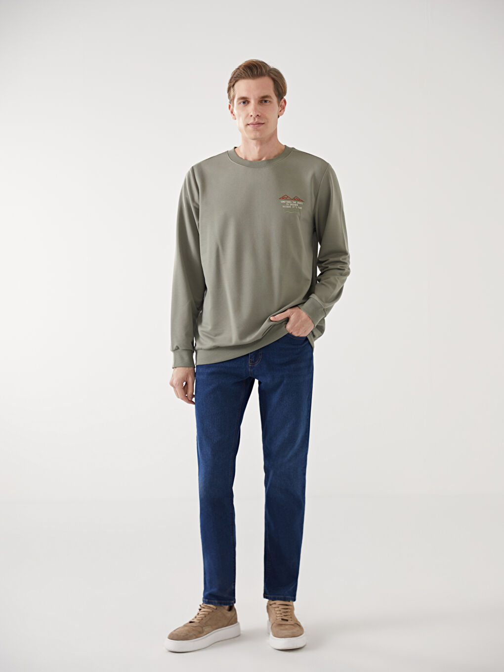 Haki Bisiklet Yaka Uzun Kollu Erkek Sweatshirt-1