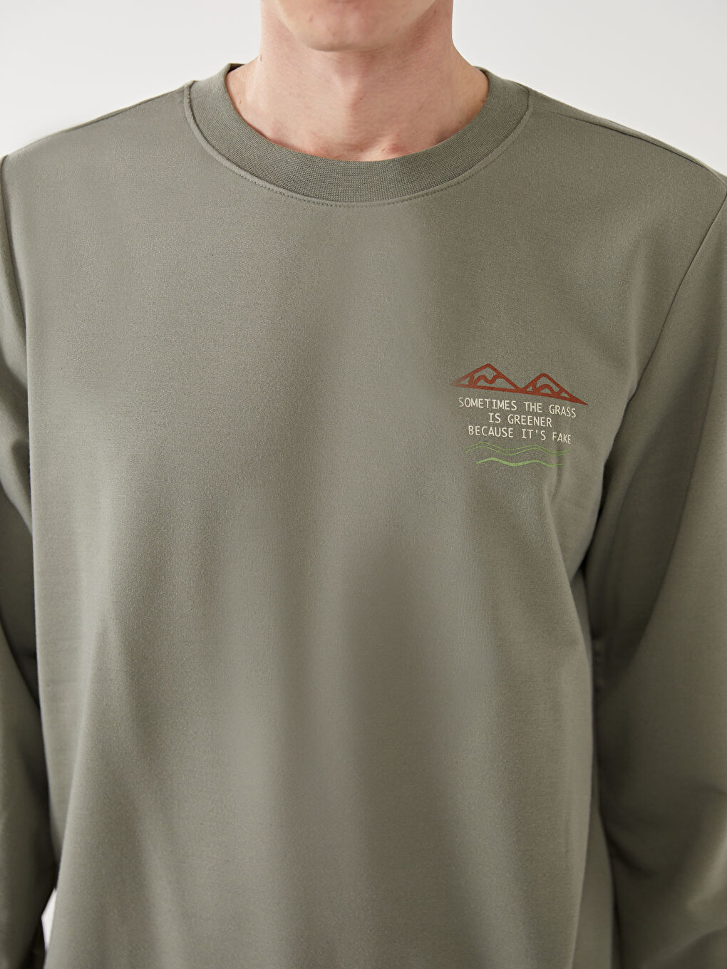 Haki Bisiklet Yaka Uzun Kollu Erkek Sweatshirt-2