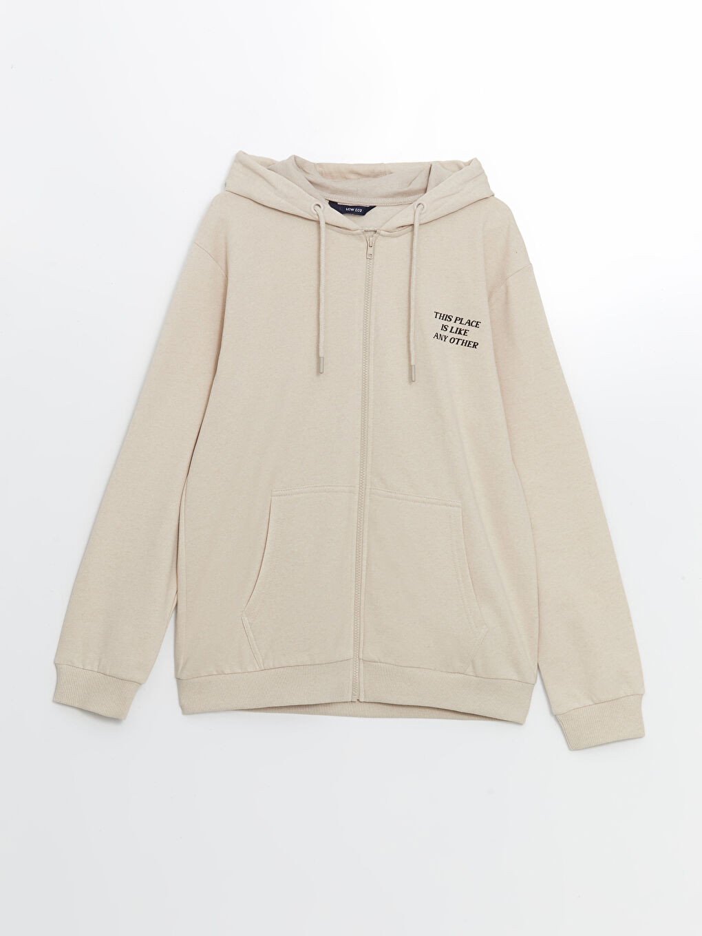 Bej Kapüşonlu Uzun Kollu Erkek Fermuarlı Sweatshirt-4