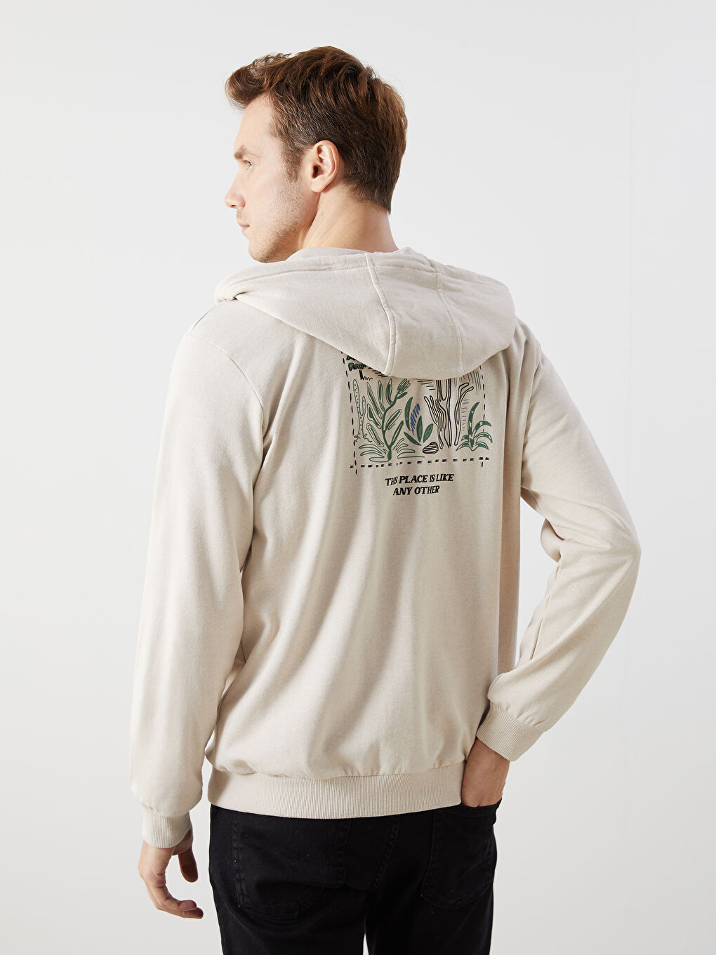 Bej Kapüşonlu Uzun Kollu Erkek Fermuarlı Sweatshirt