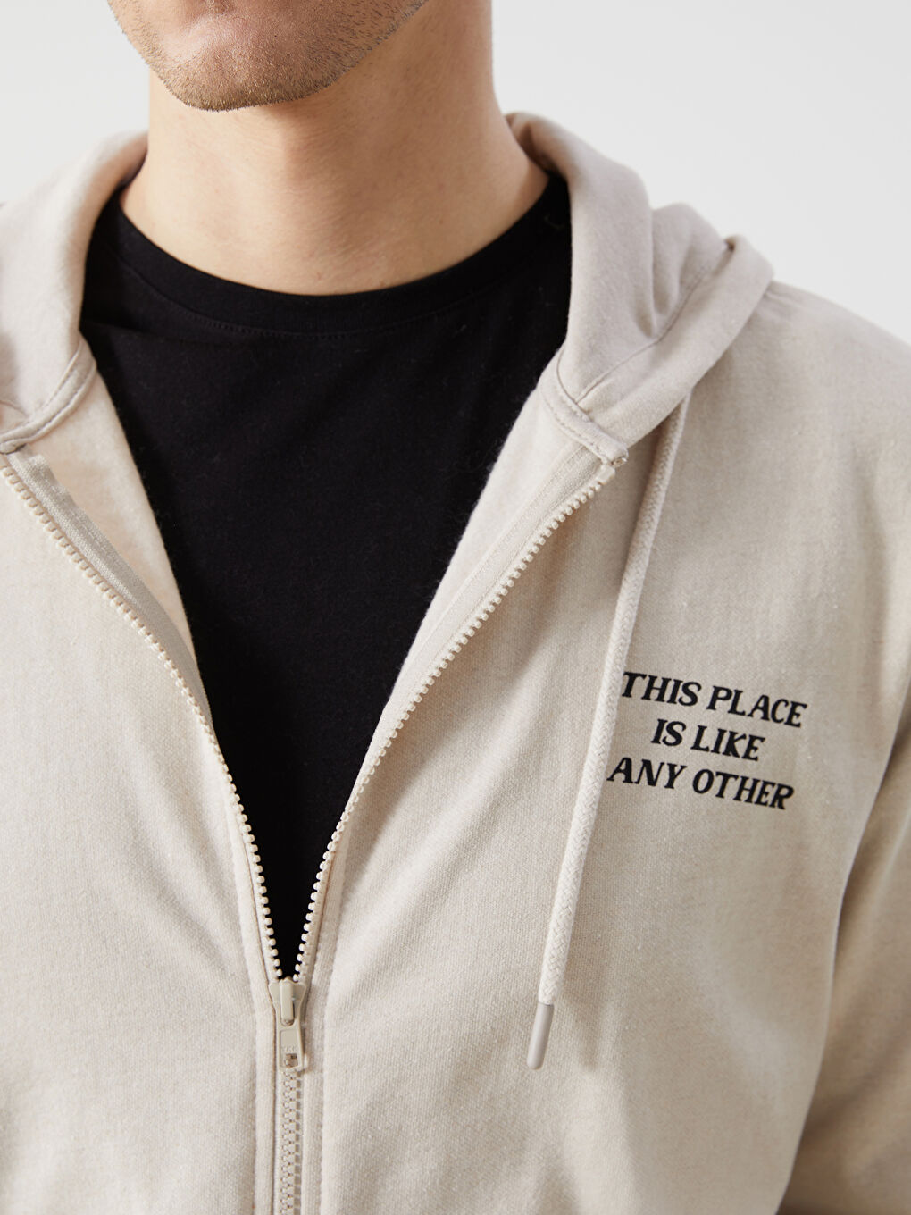 Bej Kapüşonlu Uzun Kollu Erkek Fermuarlı Sweatshirt-2