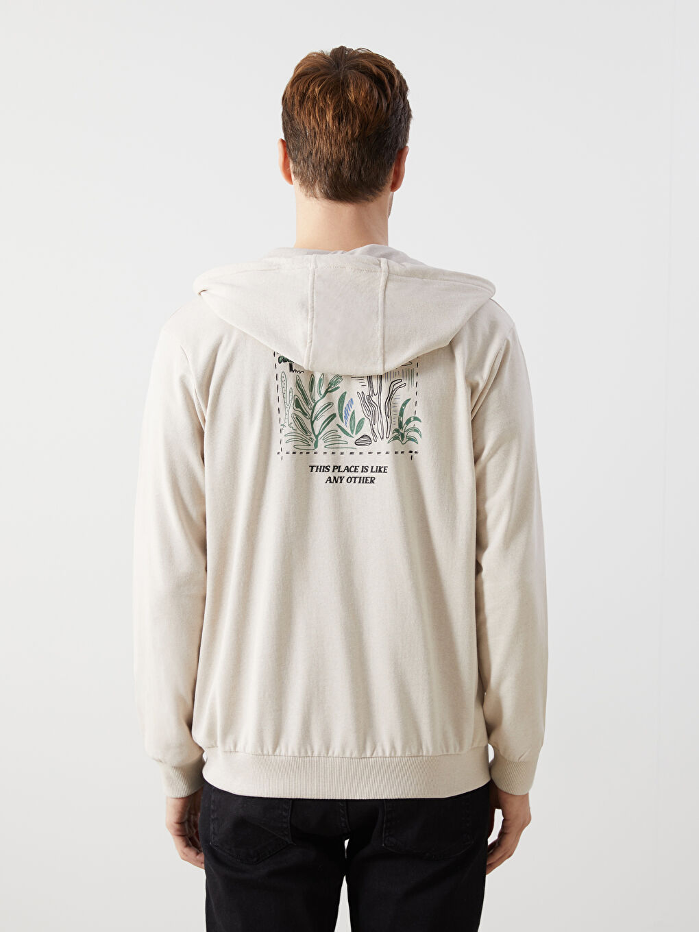 Bej Kapüşonlu Uzun Kollu Erkek Fermuarlı Sweatshirt-3