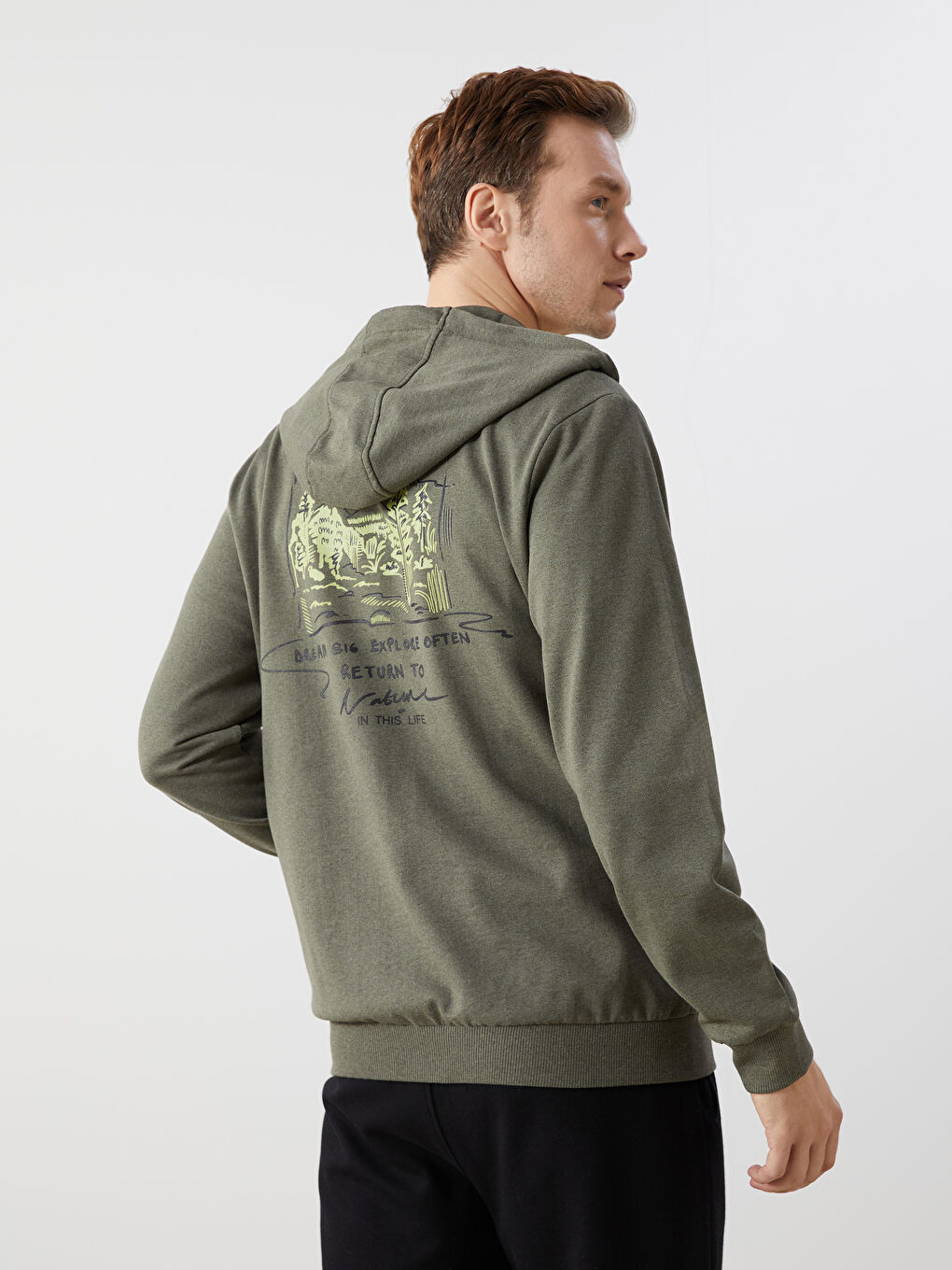 LCW ECO Haki Kapüşonlu Uzun Kollu Erkek Fermuarlı Sweatshirt