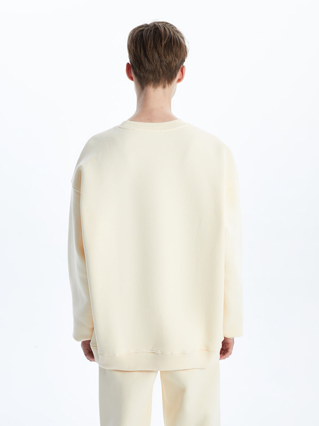 Bej Bisiklet Yaka Oversize Kadın Kalın Sweatshirt-3