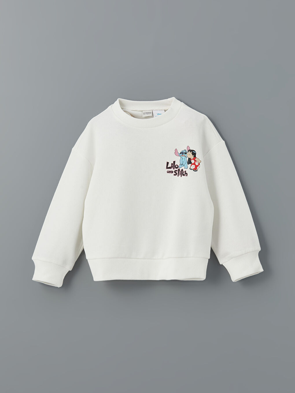 Ekru Bisiklet Yaka Lilo ve Stitch Baskılı Kız Çocuk Sweatshirt-1