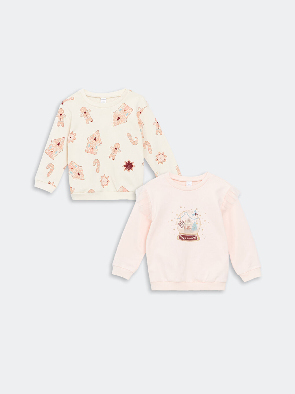 LCW Kids Açık Pembe Bisiklet Yaka Uzun Kollu Baskılı Kız Çocuk Sweatshirt 2'li