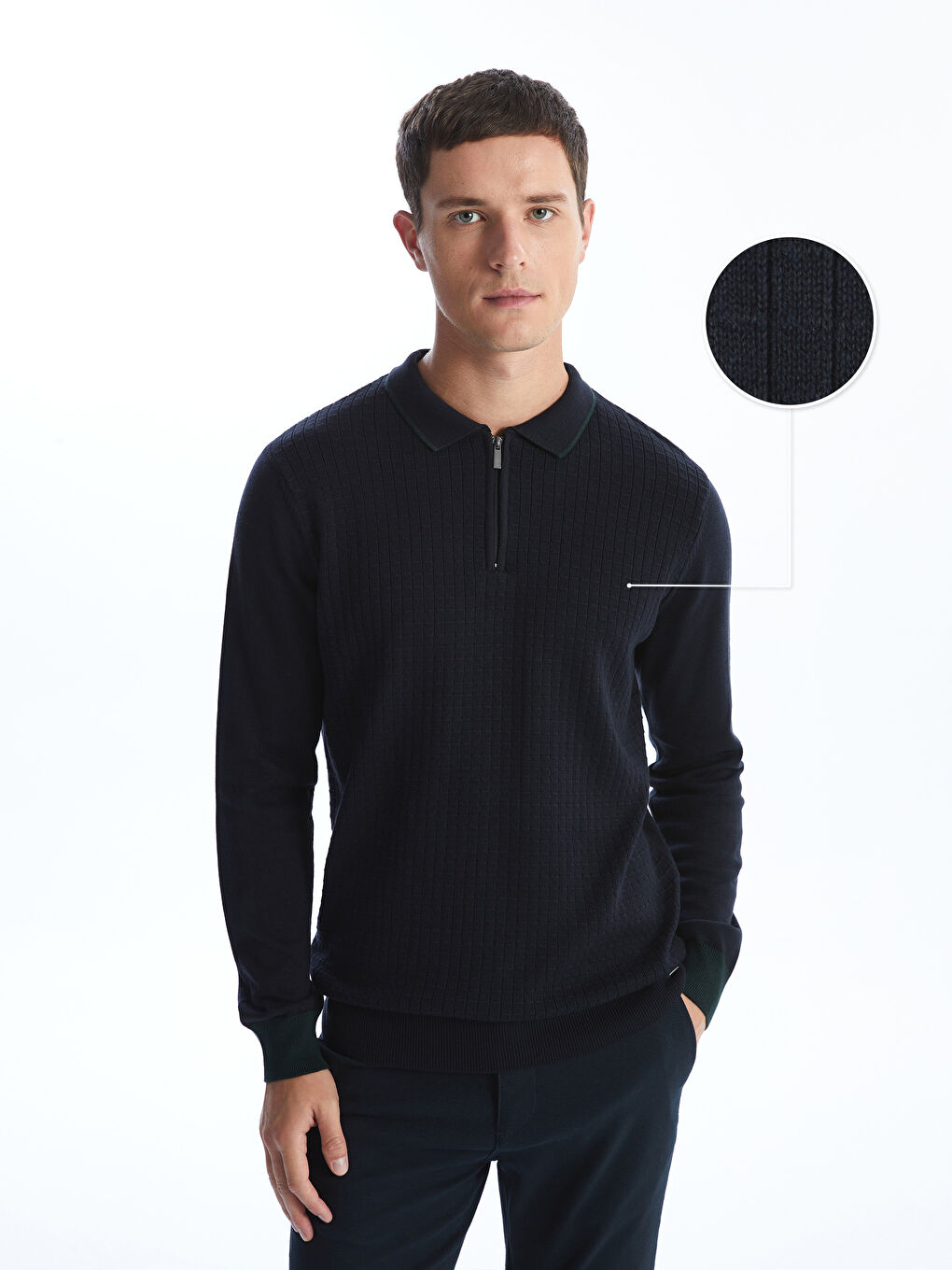 Lacivert Polo Yaka Uzun Kollu Erkek Triko Kazak