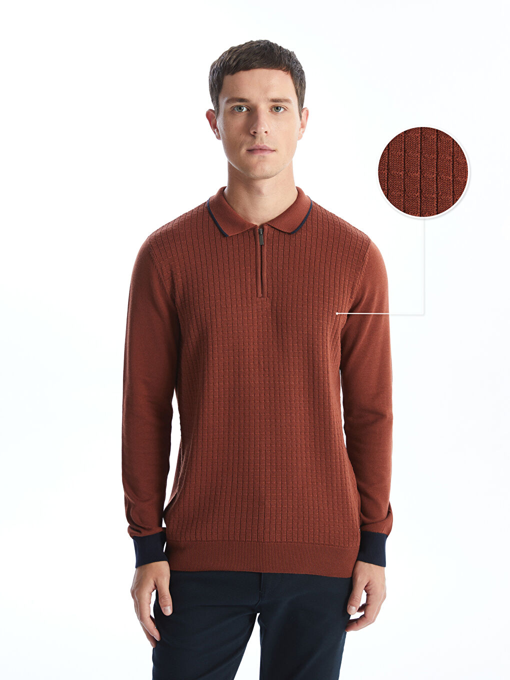 Kahverengi Polo Yaka Uzun Kollu Erkek Triko Kazak