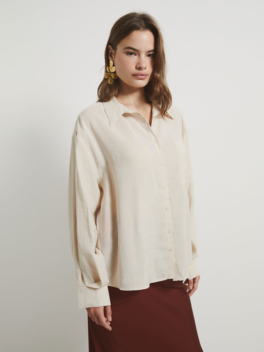 Ekru Poplin Kadın Gömlek