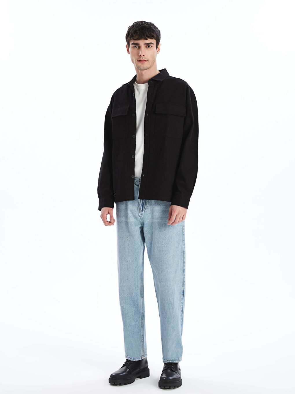 Siyah Rahat Kalıp Uzun Kollu Gabardin Erkek Gömlek Ceket-3