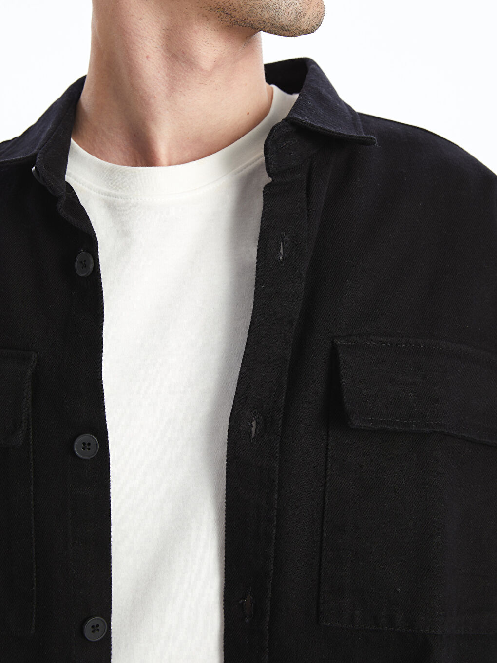 Siyah Rahat Kalıp Uzun Kollu Gabardin Erkek Gömlek Ceket-5