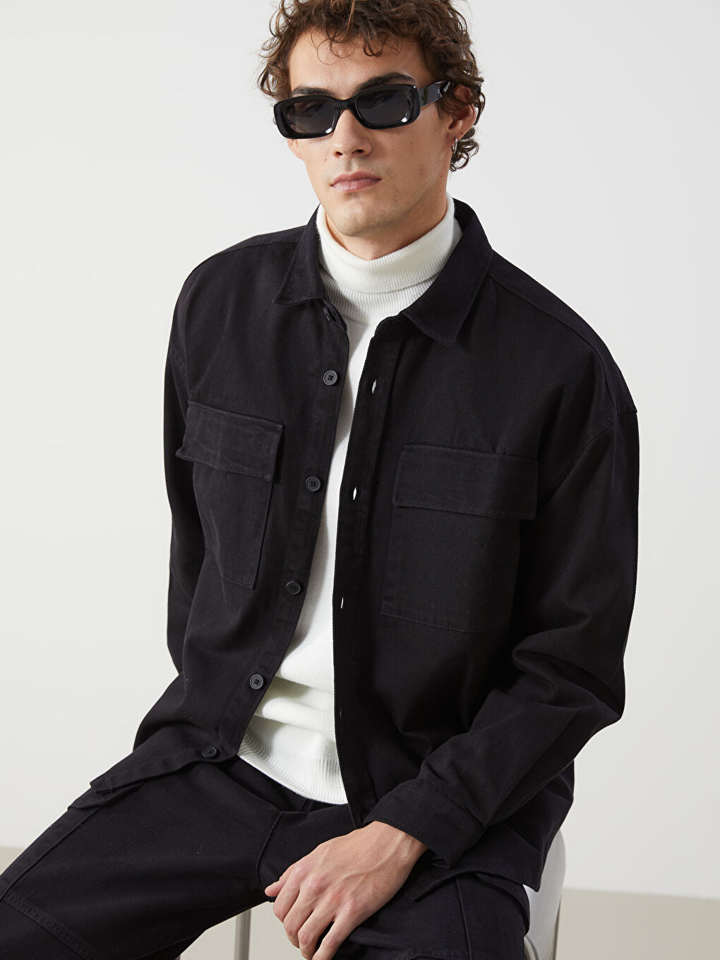 Siyah Rahat Kalıp Uzun Kollu Gabardin Erkek Gömlek Ceket