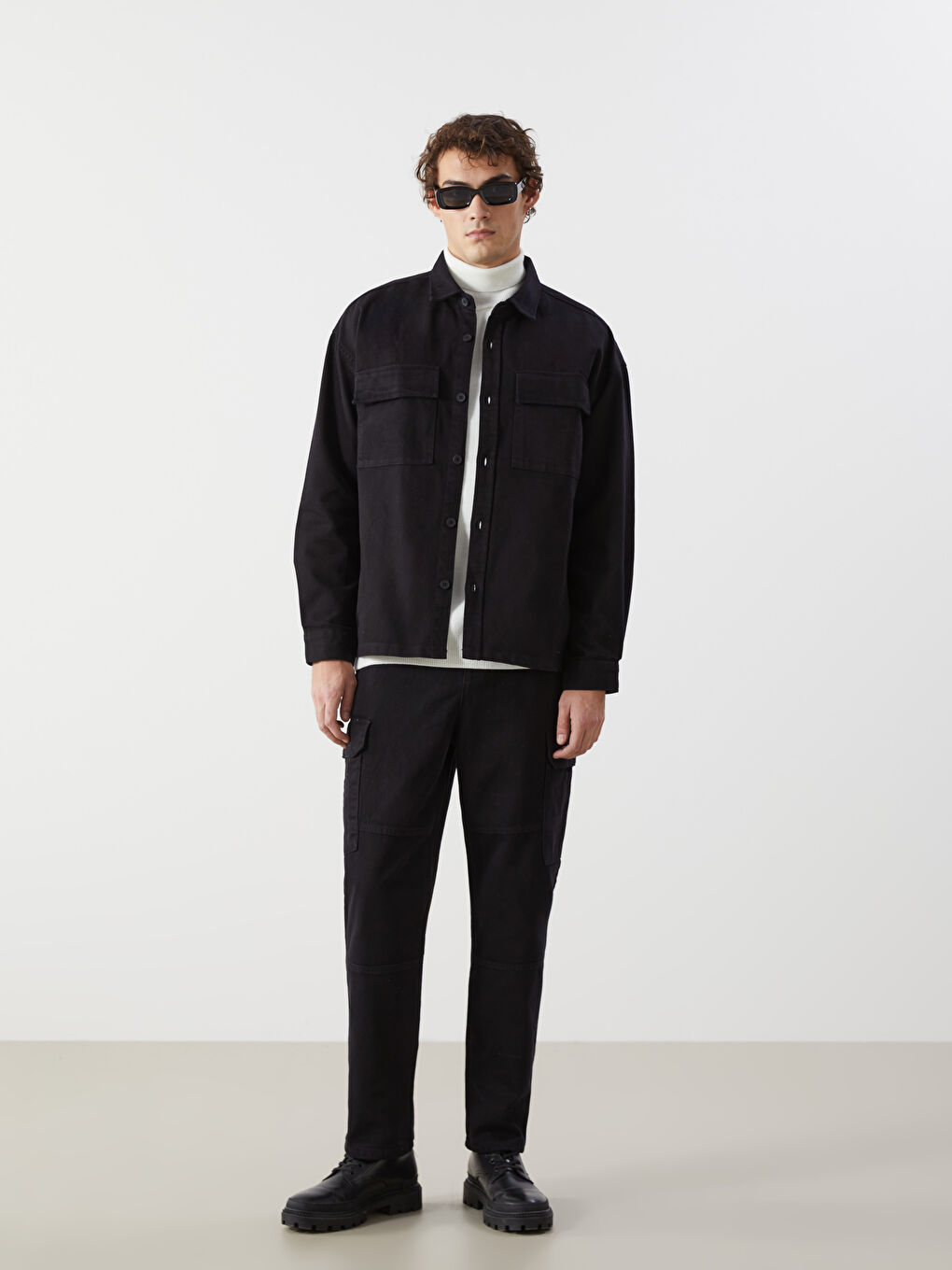 Siyah Rahat Kalıp Uzun Kollu Gabardin Erkek Gömlek Ceket-2