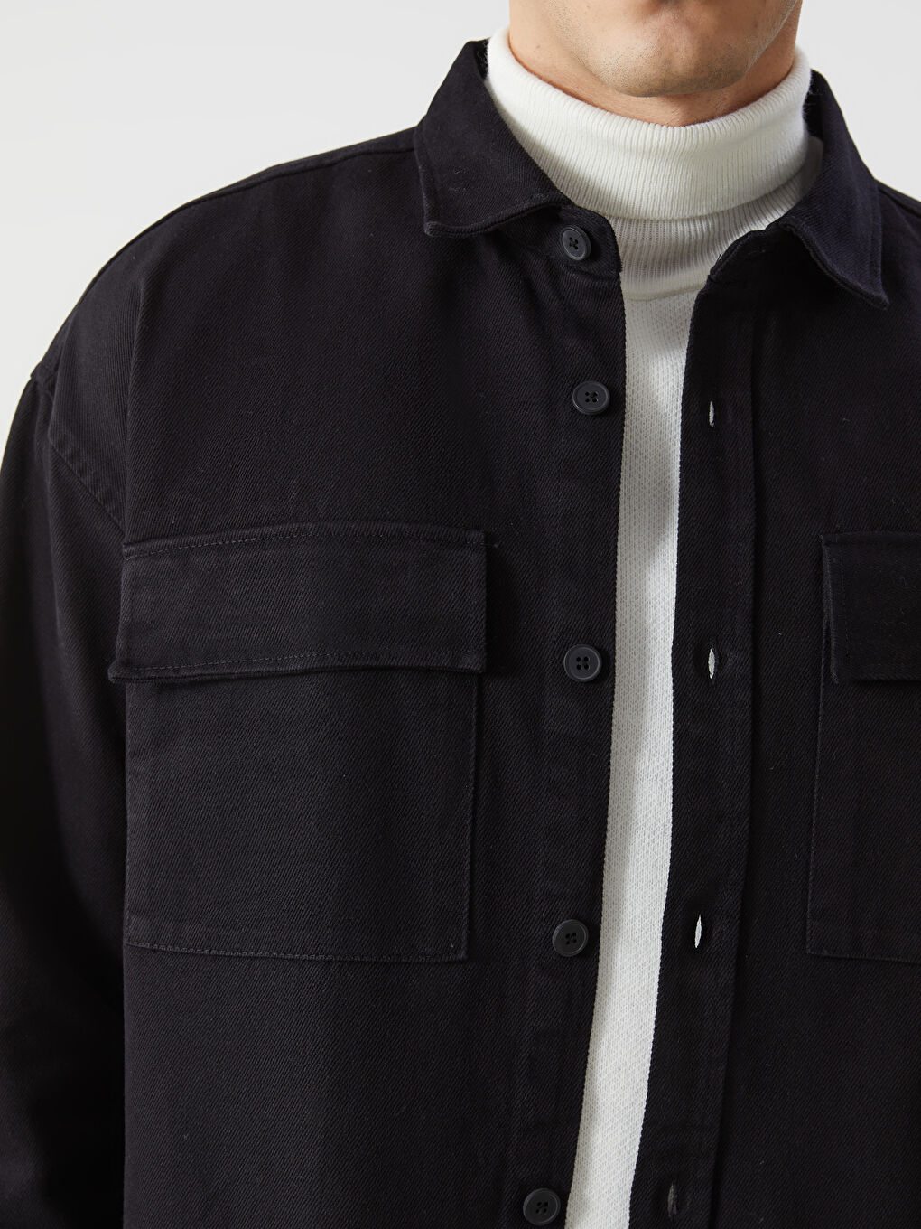 Siyah Rahat Kalıp Uzun Kollu Gabardin Erkek Gömlek Ceket-4