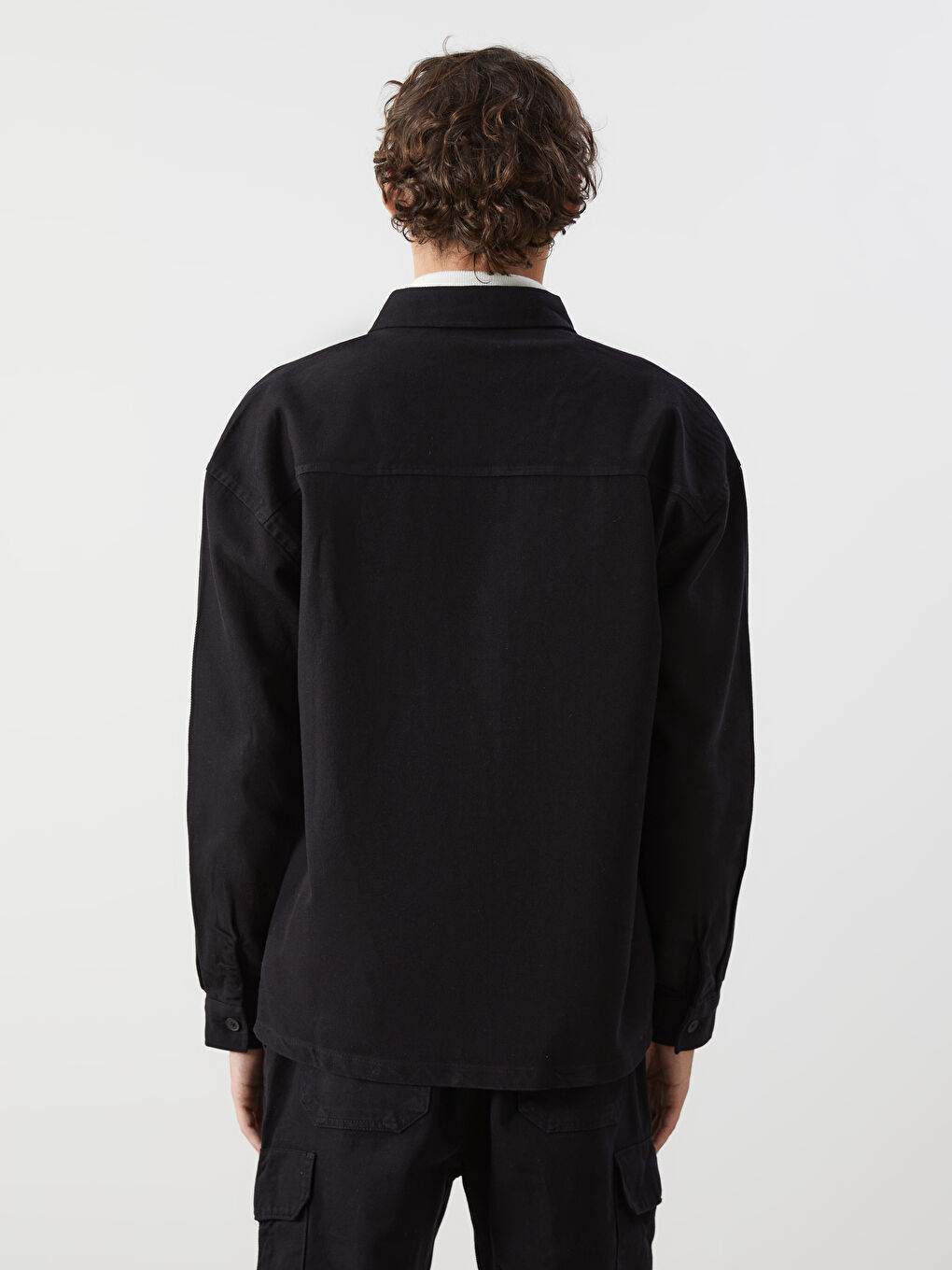 Siyah Rahat Kalıp Uzun Kollu Gabardin Erkek Gömlek Ceket-6