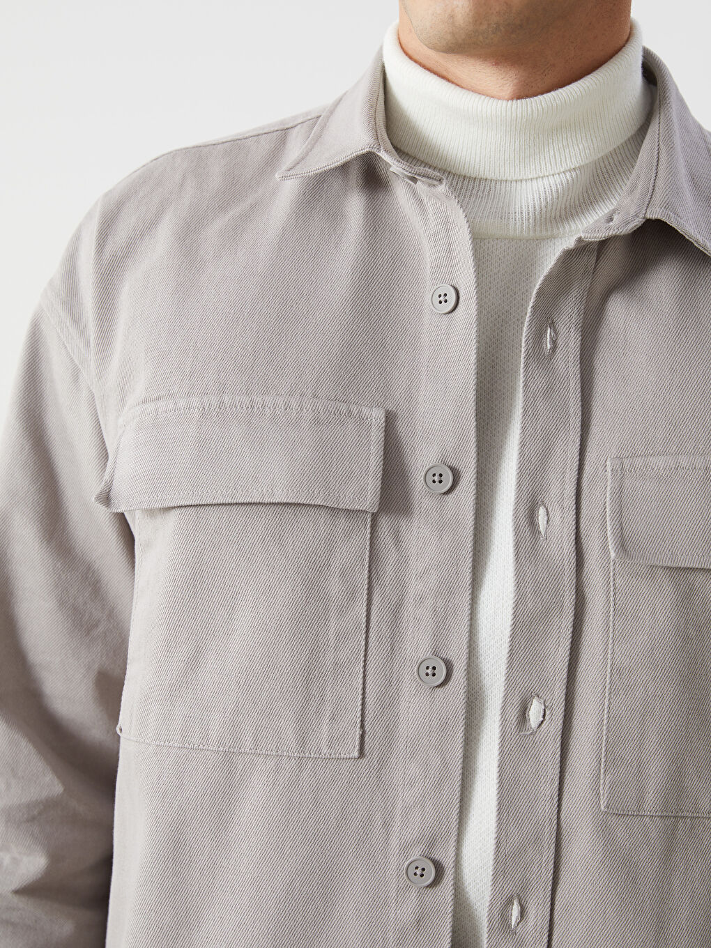 Gri Rahat Kalıp Uzun Kollu Gabardin Erkek Gömlek Ceket-4