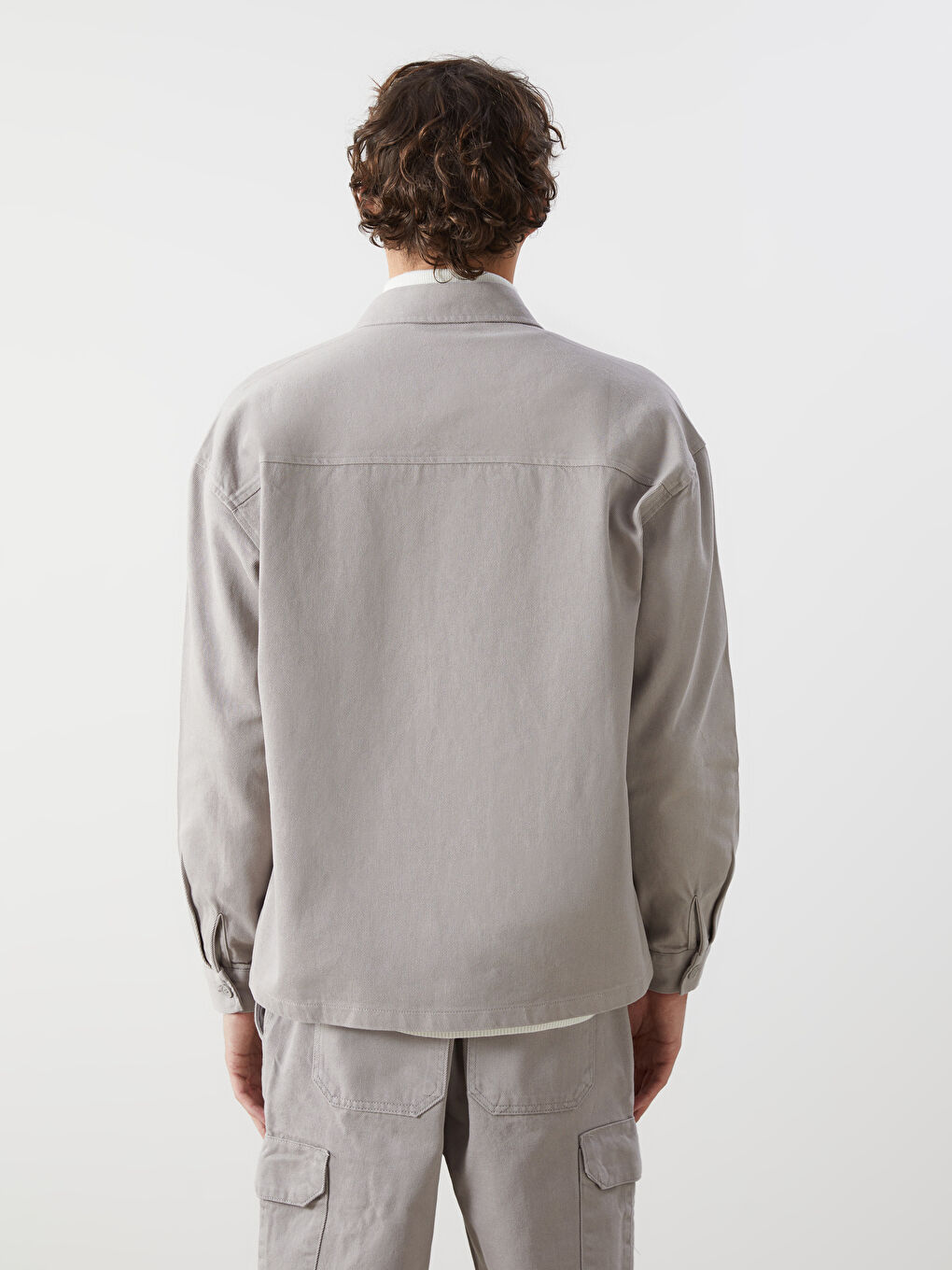 Gri Rahat Kalıp Uzun Kollu Gabardin Erkek Gömlek Ceket-6