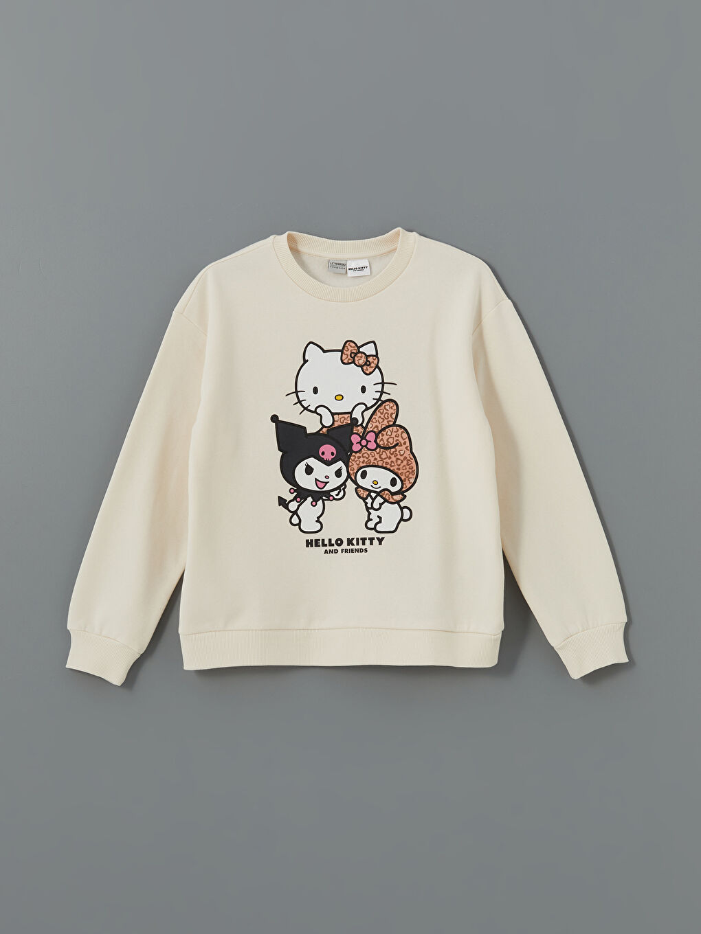 LCW Kids Krem Rengi Bisiklet Yaka Hello Kitty Baskılı Kız Çocuk Sweatshirt