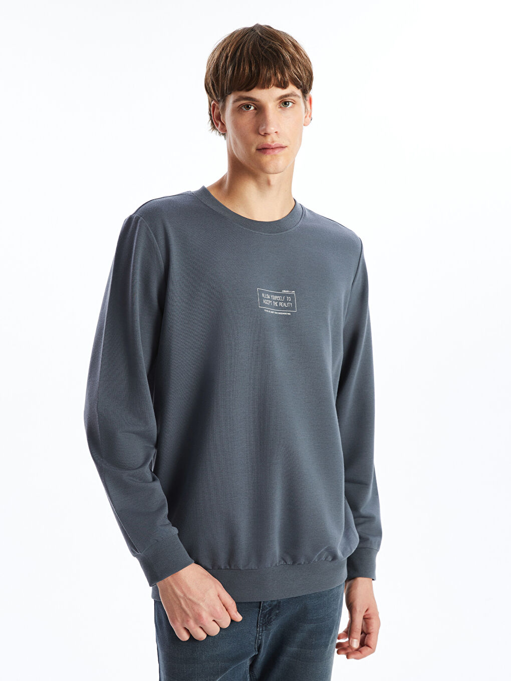 LCW ECO Antrasit Bisiklet Yaka Uzun Kollu Baskılı Erkek Sweatshirt