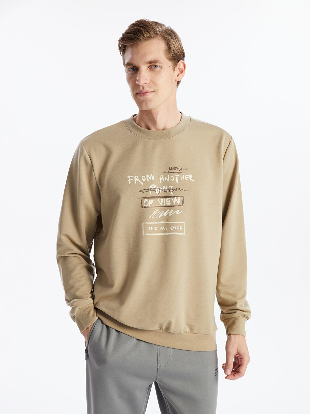 LCW ECO Haki Bisiklet Yaka Uzun Kollu Baskılı Erkek Sweatshirt