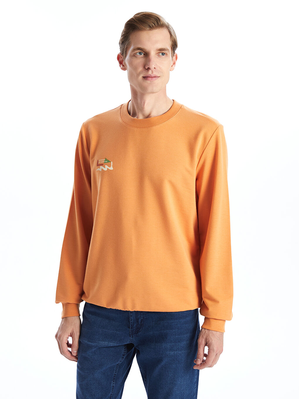 LCW ECO Turuncu Bisiklet Yaka Uzun Kollu Baskılı Erkek Sweatshirt