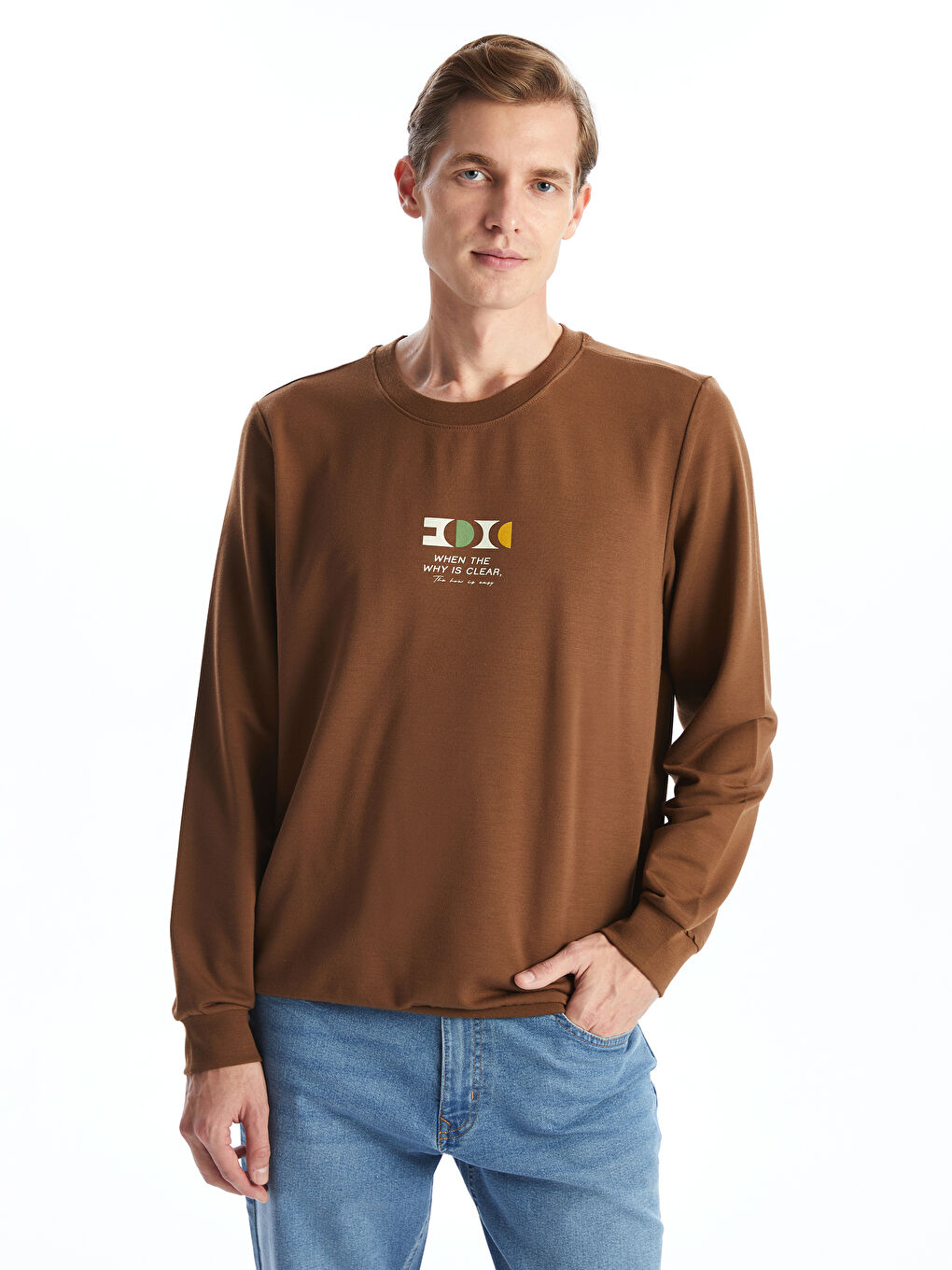 LCW ECO Kahve Bisiklet Yaka Uzun Kollu Baskılı Erkek Sweatshirt