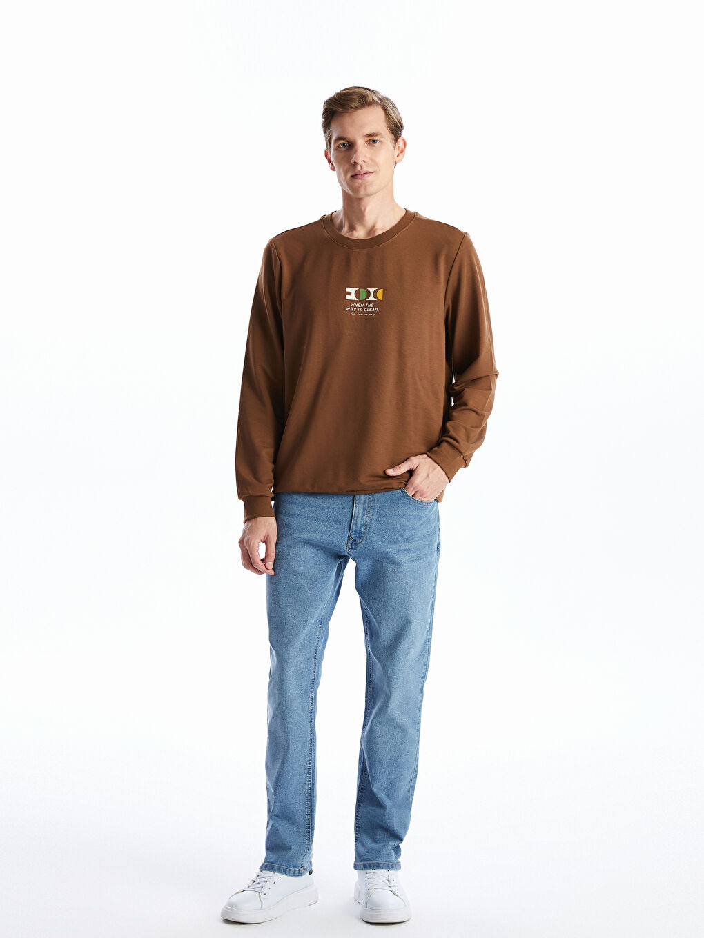 LCW ECO Kahve Bisiklet Yaka Uzun Kollu Baskılı Erkek Sweatshirt - 1