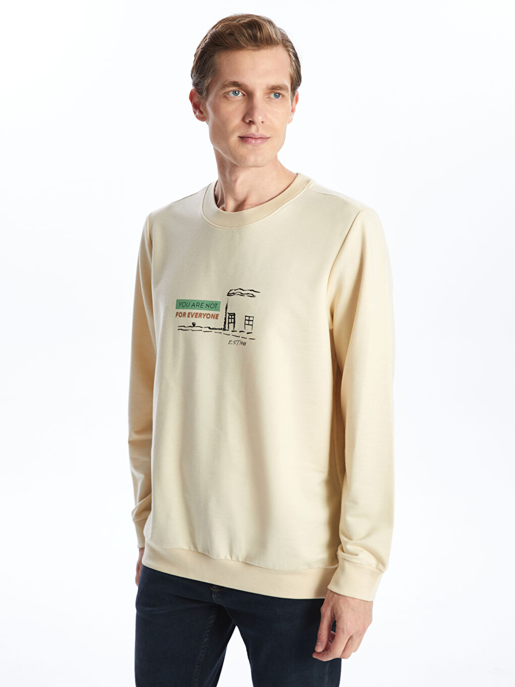 LCW ECO Bej Bisiklet Yaka Uzun Kollu Baskılı Erkek Sweatshirt