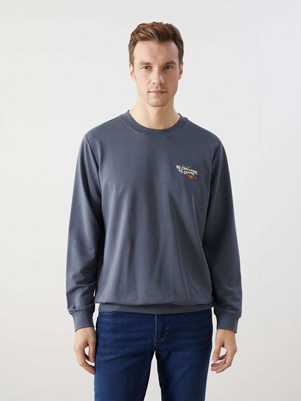 LCW ECO Antrasit Bisiklet Yaka Uzun Kollu Baskılı Erkek Sweatshirt