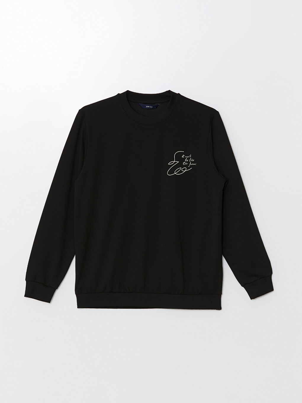 LCW ECO Yeni Siyah Bisiklet Yaka Uzun Kollu Nakışlı Erkek Sweatshirt