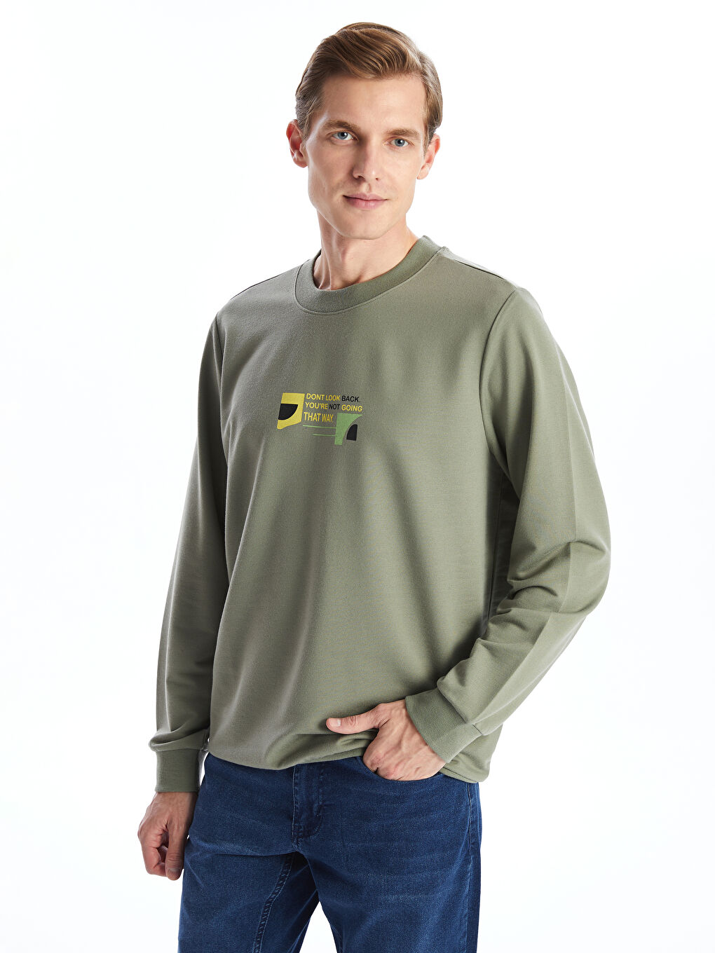 LCW ECO Haki Bisiklet Yaka Uzun Kollu Nakışlı Erkek Sweatshirt