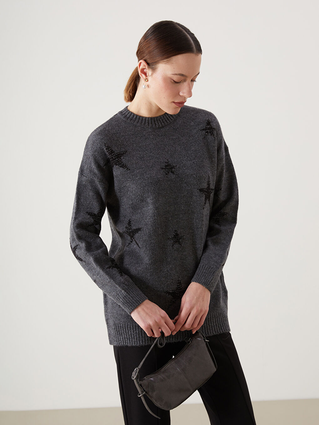 LCW Modest Funnel Neck Star Patterned Women's Knitwear Tunic -W4KJ57Z8-CZM