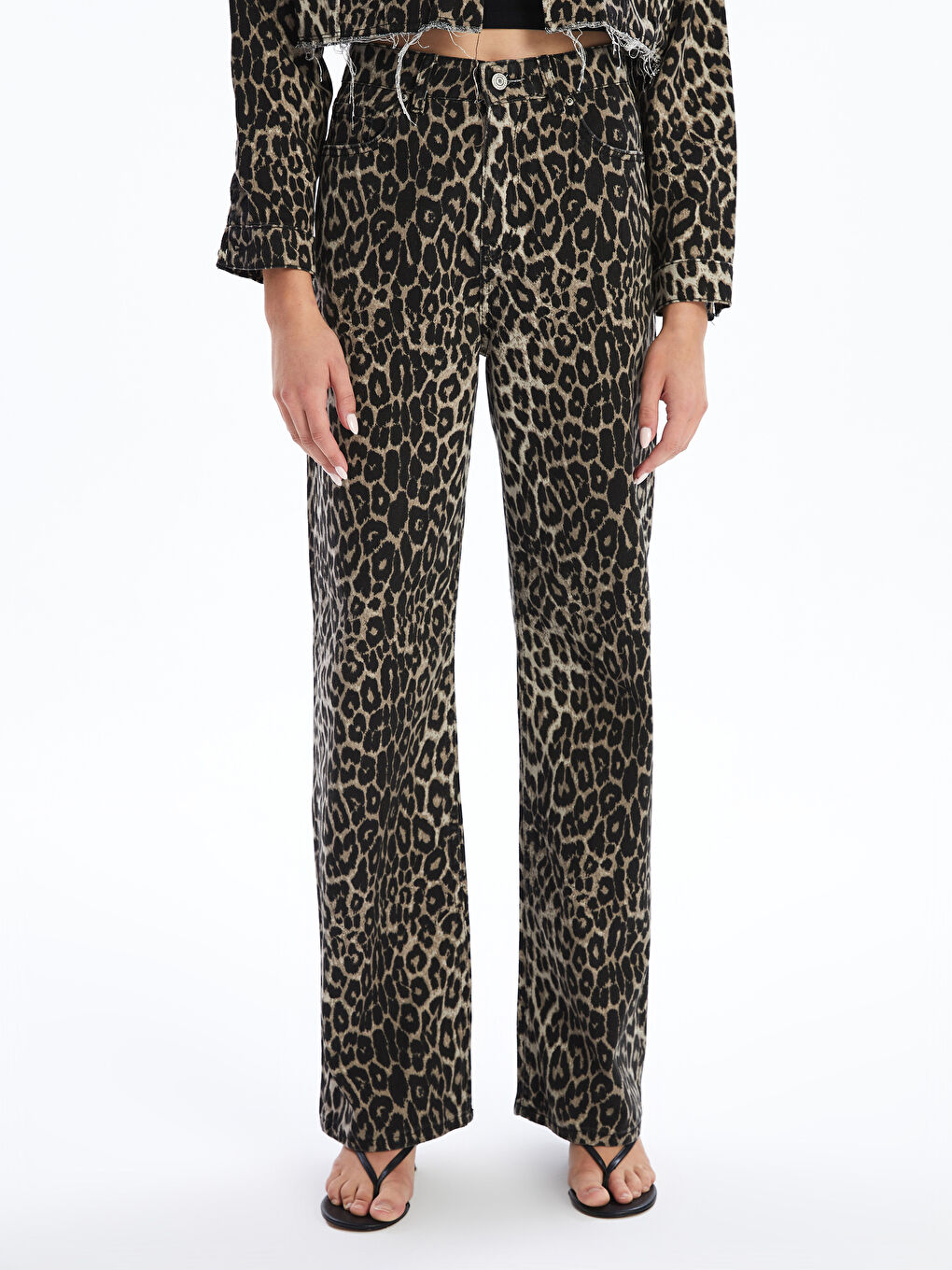 Kahverengi Standart Fit Leopar Desenli Kadın Pantolon-4